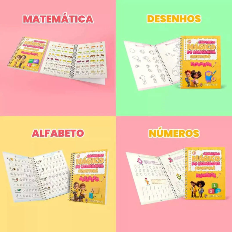 Novo KIT com 4 Cadernos de Caligrafia Mágicos Reutilizáveis Criativaê - Lançamento em Português